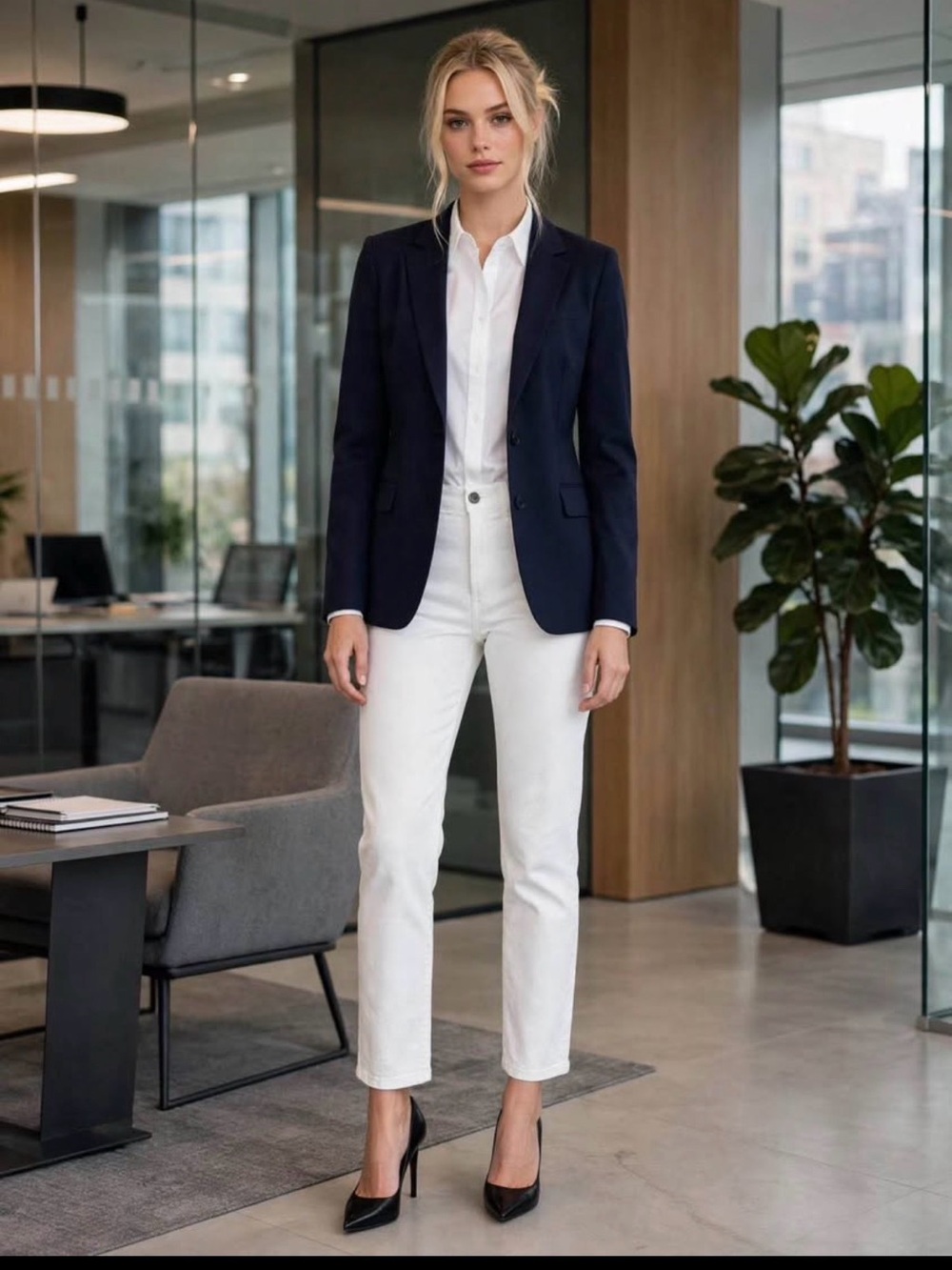 Zara Navy Blazer with White Cropped Jeans